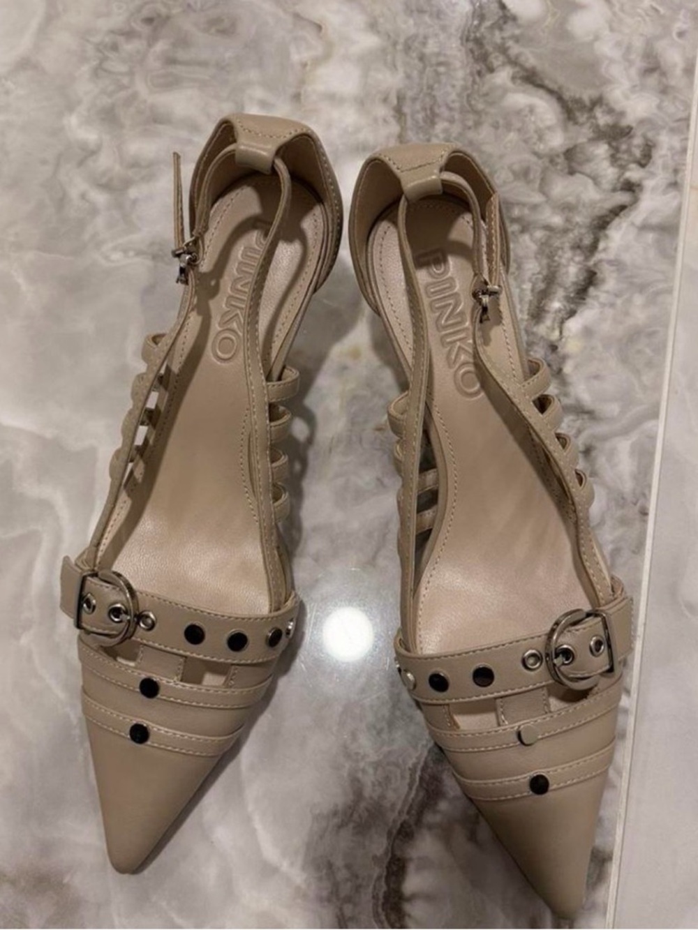 Pinko Nude Pointed-Toe Slingback Pumps with Studded Straps, NO BOX